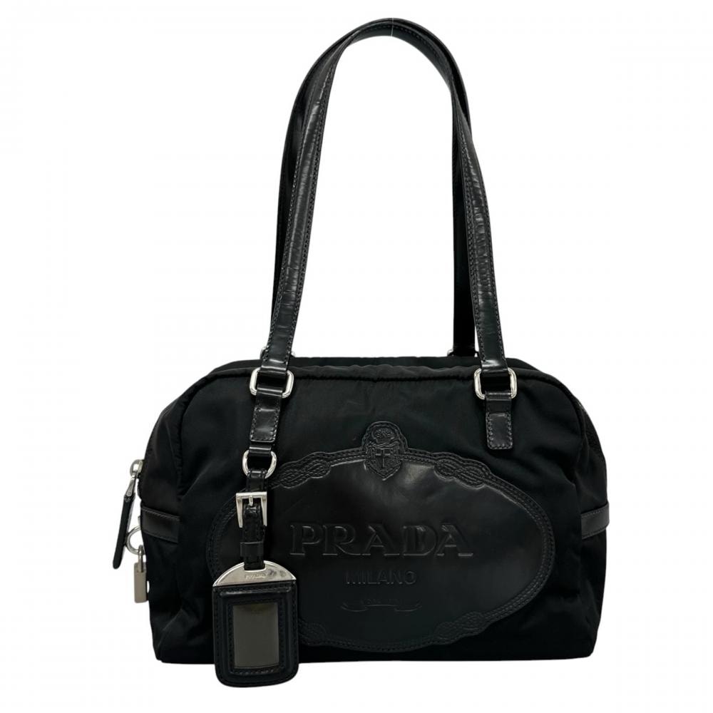 PRADA プラダ トートバッグ エンボスロゴ ミニボストン 肩掛け BR3150 ナイロン  レザー   ブラック 黒 シルバー金具 レディース 美品【中古品】