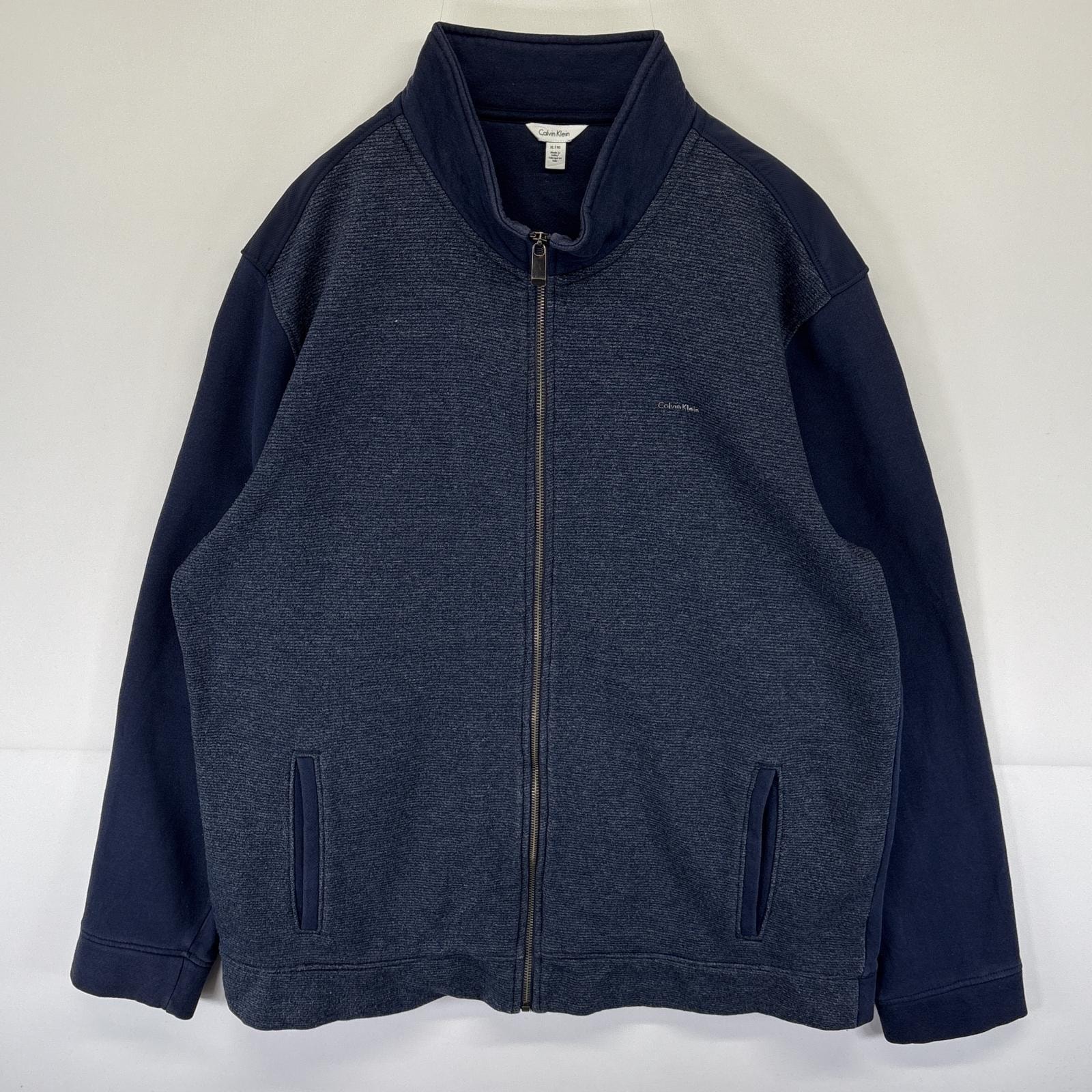 古着 カルバンクライン Calvin Klein ジャケット フルジップ スウェット トレーナー ワンポイントロゴ 大きいサイズ XL ネイビー メンズ