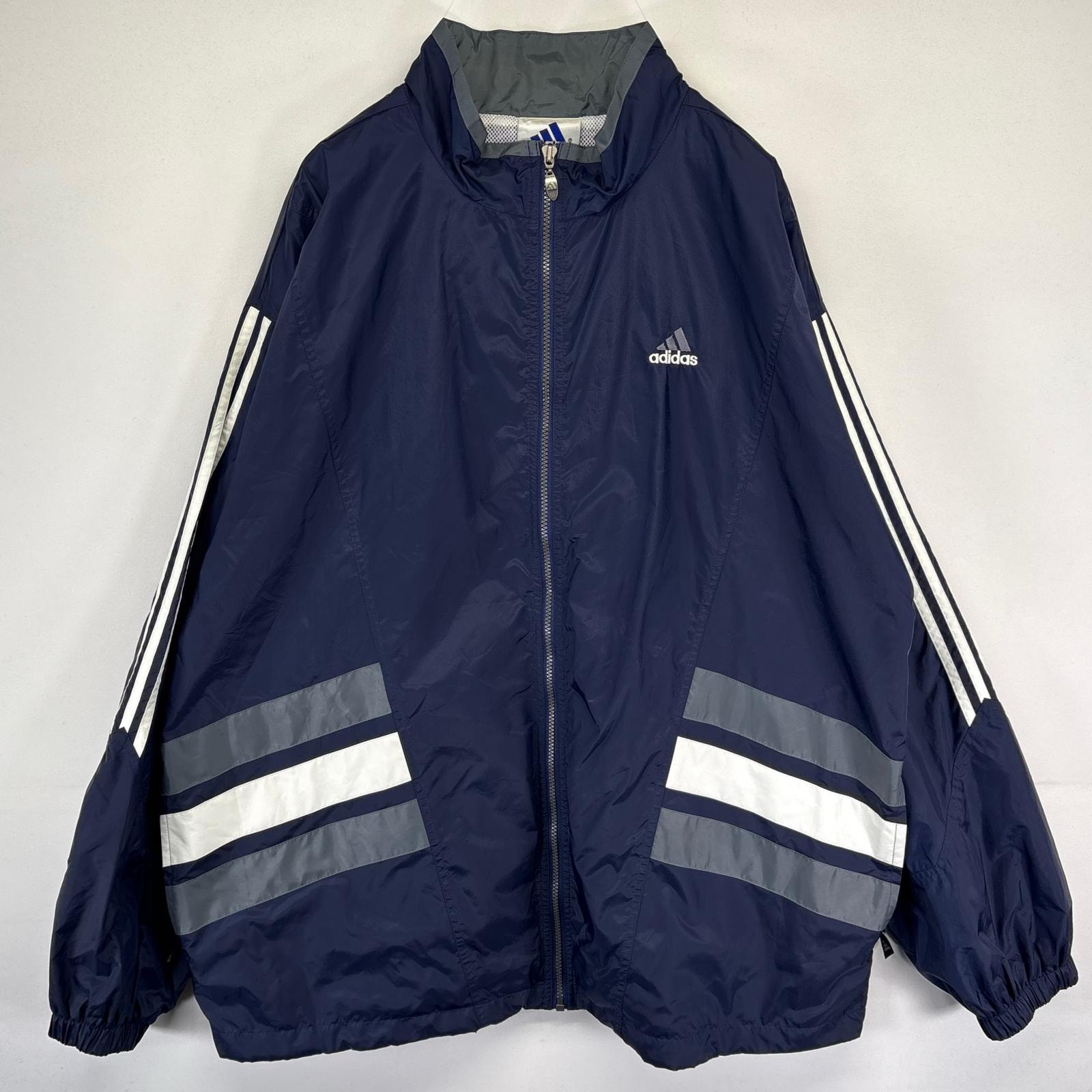 古着 90's/90年代 アディダス adidas ナイロンジャケット フルジップ 大きいサイズ パフォーマンスロゴ 2XL ネイビー メンズ