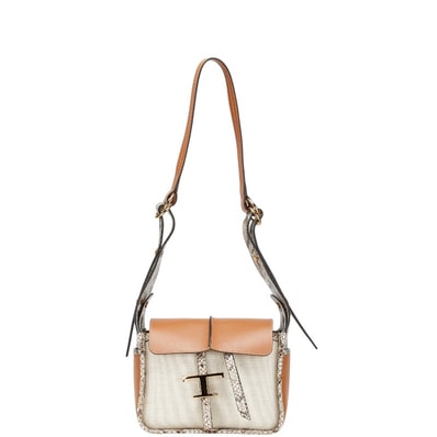 トッズ T タイムレス パイソン型押し ショルダーバッグ アイボリー ブラウン レザー キャンバス レディース TOD’S 【中古】