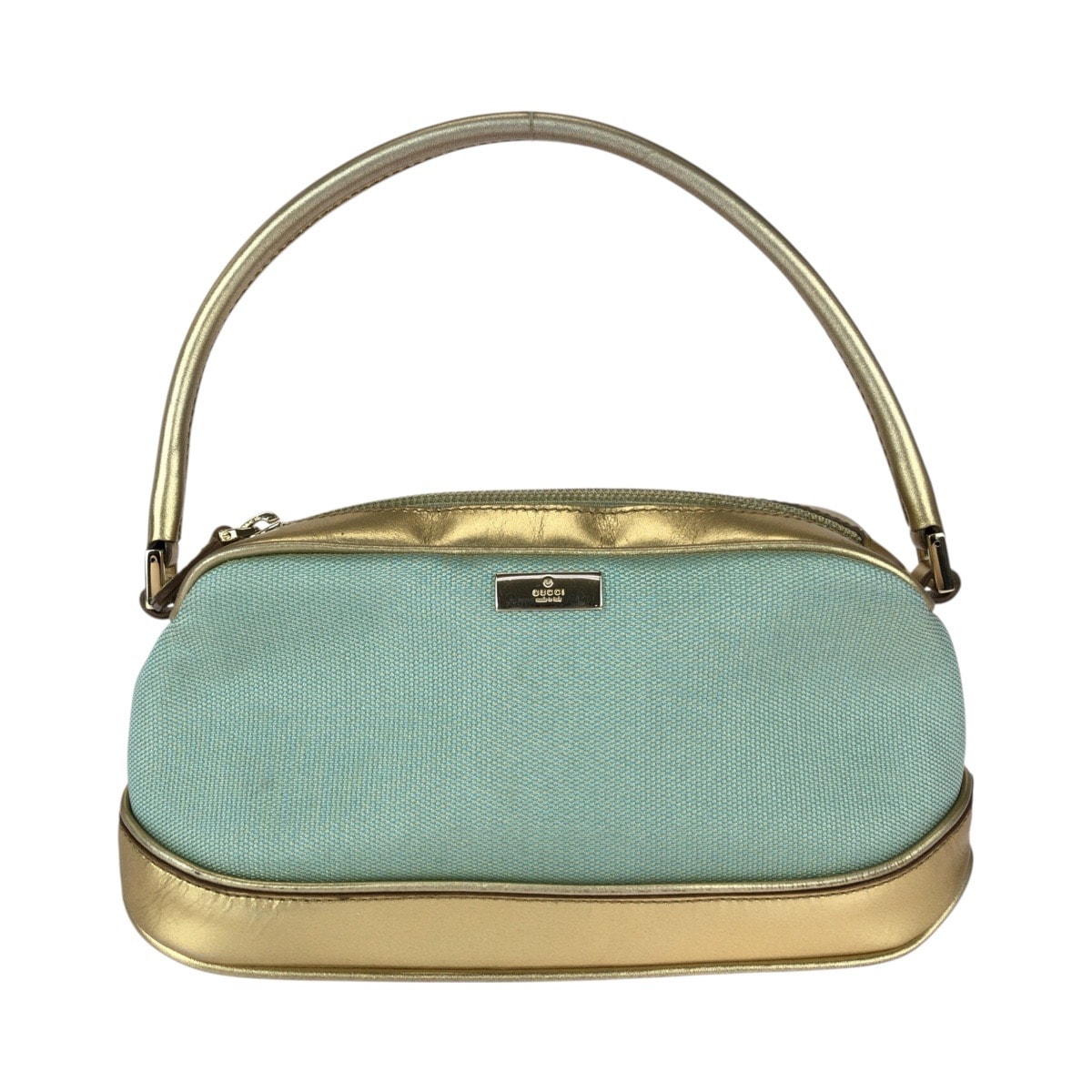 美品 GUCCI グッチ グリーン ゴールド キャンバス レザー/ ハンドバッグ アクセサリーポーチ 600036 【中古】