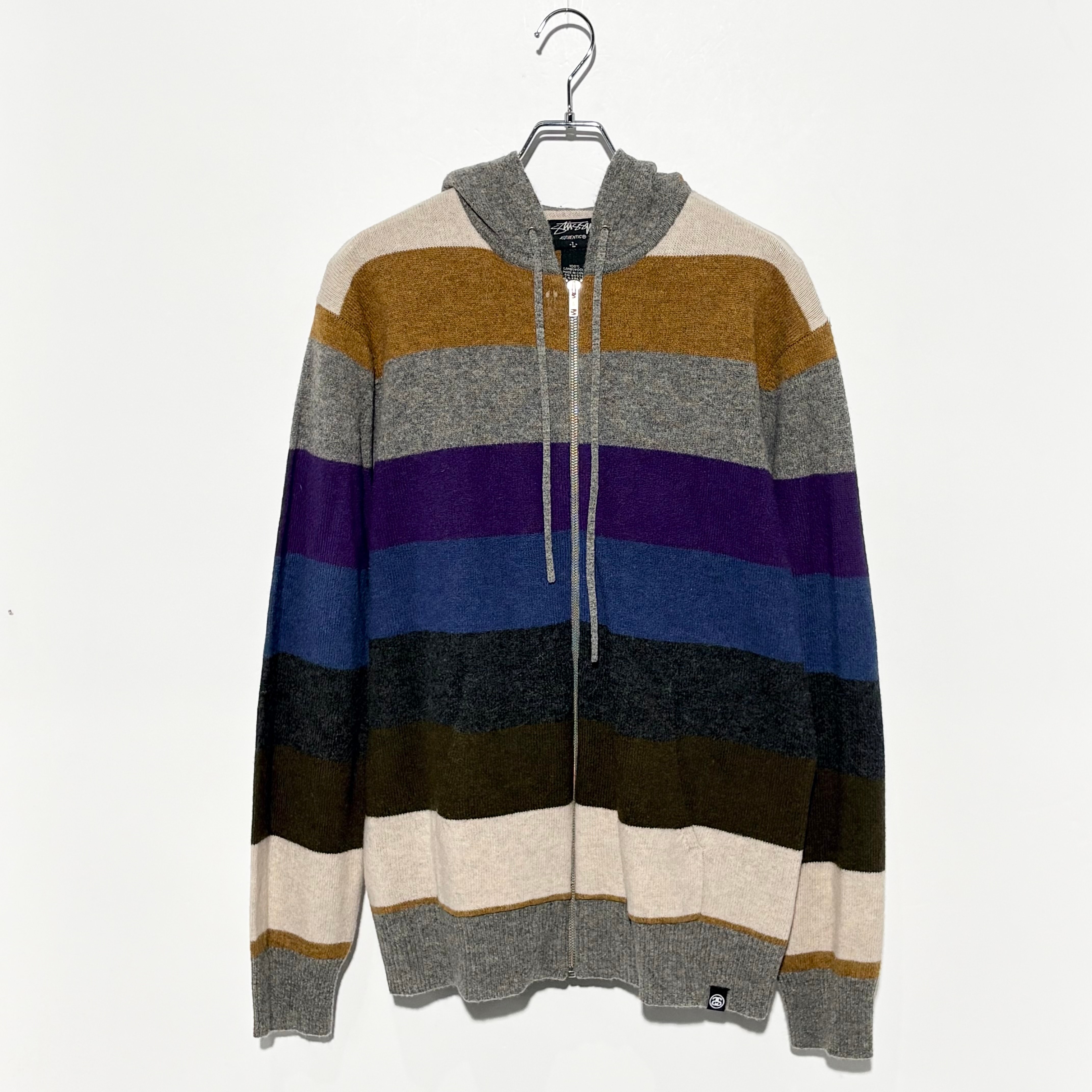 STUSSY MULTI STRIPE WOOL KNIT ZIP UP HOODIE M ulti