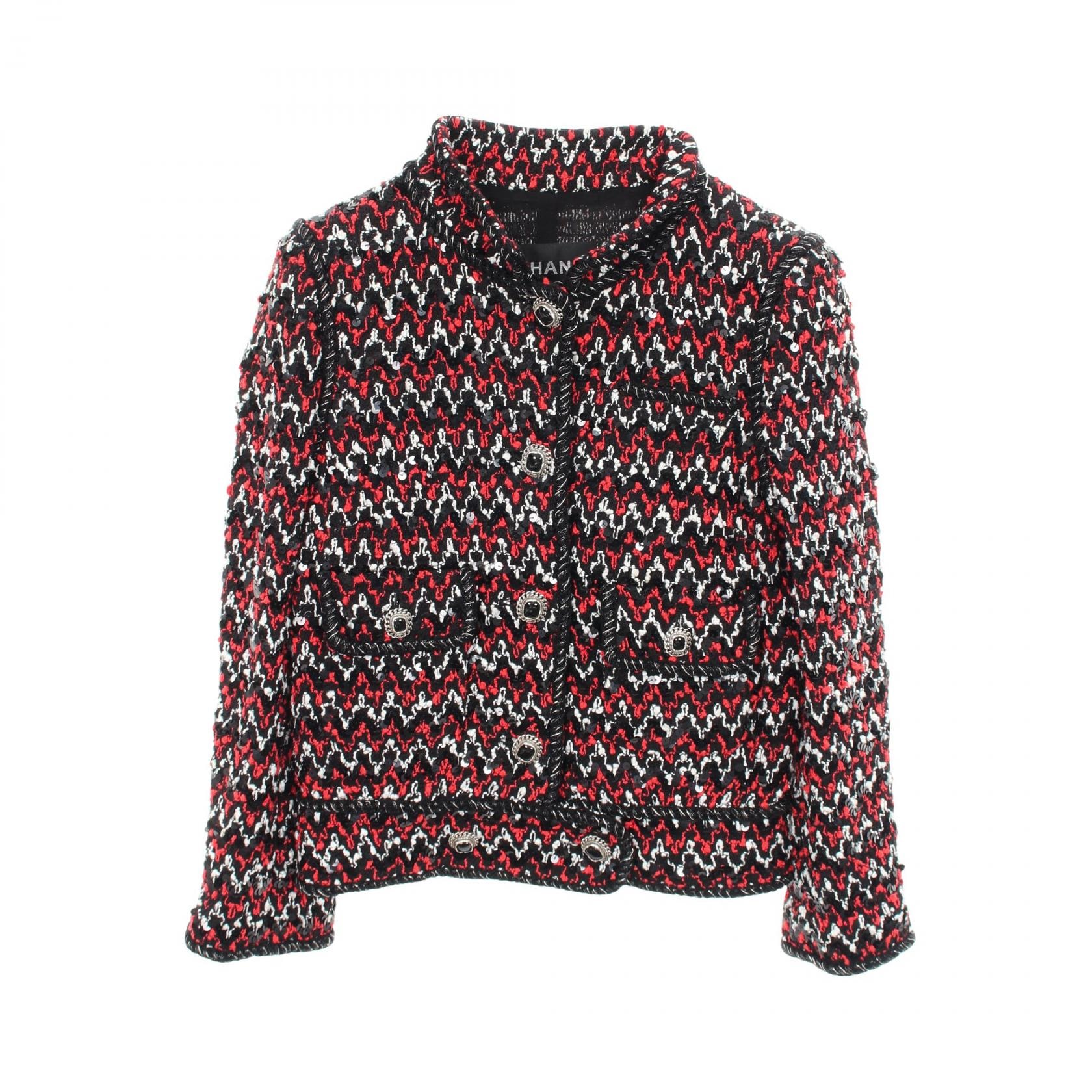 シャネル CHANEL ココマークボタン スパンコール付き ツイード 衣料品 アウター ポリエステル レディース レッド系 / ブラック系 / ホワイト系 P38157V27588 【中古】