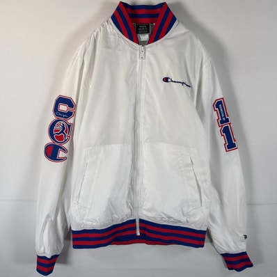 古着 チャンピオン Champion ナイロンジャケット ジャンパー フルジップ 裏地メッシュ ワッペン ランナー L ホワイト メンズ