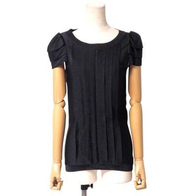 ■美品■CHANEL シャネル ブラウス サイズ36 09P パフスリーブ フレンチスリーブ 半袖 プリーツ ラメニット ココボタン装飾 ブランド古着【中古】20250807/RA5698