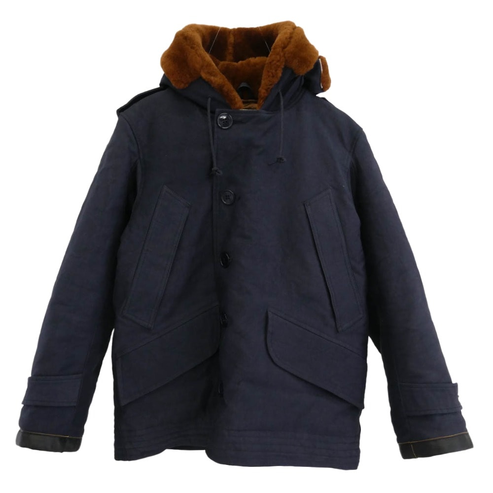 TENDERLOIN テンダーロイン ジャケット T-9 JKT 袖口レザー コットンピケ ムートン フード デッキ ミリタリー ジャケット アウター ネイビー系 ブラウン系 38【中古】