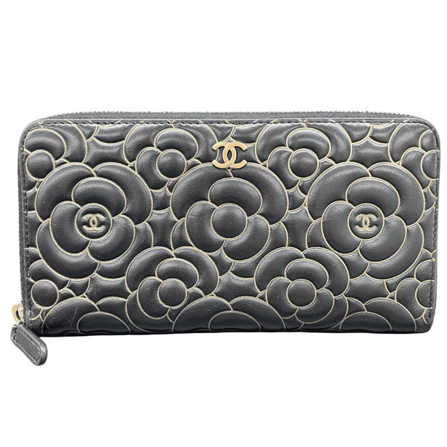 CHANEL シャネル カメリア ロングジップ ウォレット 長財布 A82881 ラムスキン レザー ブラック ゴールド金具 21番台シリアル ラウンドファスナー ロングウォレット クラシック ココマーク Bランク 中古 鑑定済 シャネル財布