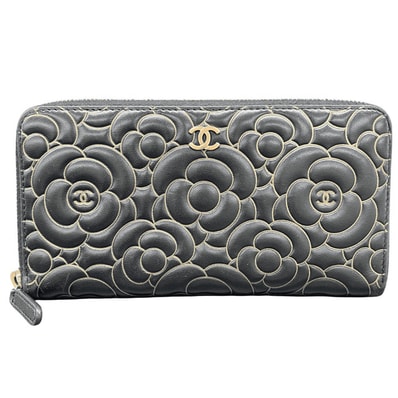 CHANEL シャネル カメリア ロングジップ ウォレット 長財布 A82881 ラムスキン レザー ブラック ゴールド金具 21番台シリアル ラウンドファスナー ロングウォレット クラシック ココマーク Bランク 中古 鑑定済 シャネル財布