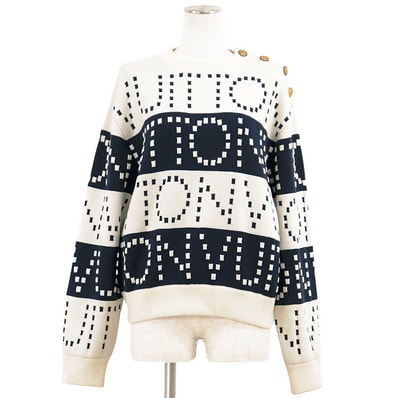 【美品】LOUIS VUITTON ルイ・ヴィトン ニット サイズ S レディース LV ロゴ ボタン ボーダー 総柄 ジャガード トップス オフホワイト ネイビー 白 紺 イタリア製