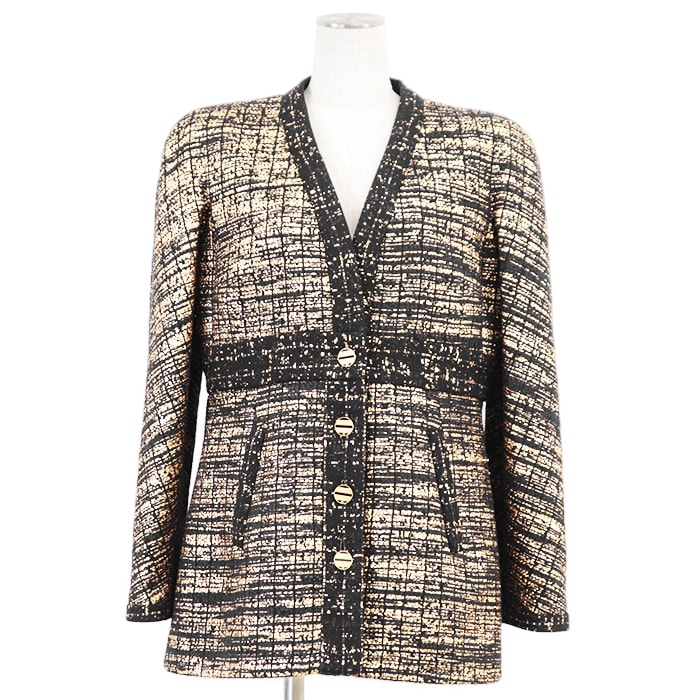 未使用 シャネル ツイード ノーカラー ジャケット レディース ブラック ゴールド 42 CHANEL