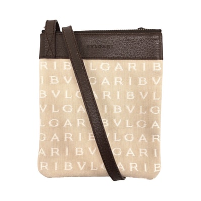 美品 BVLGARI ブルガリ ロゴマニア ベージュ ブラウン シルバー金具 キャンバス レザー/ ショルダーバッグ ポシェット 600650 【中古】