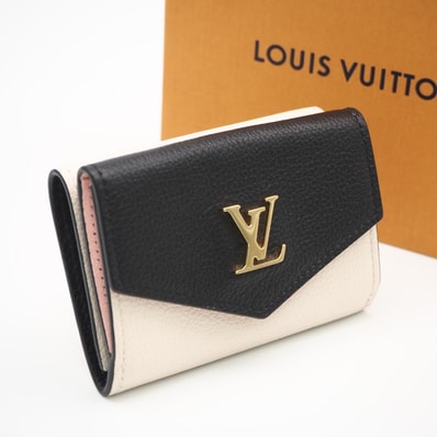 極美品 LOUIS VUITTON ルイ・ヴィトン グレインカーフレザー ポルトフォイユ ロックミニ M80984 三つ折り財布 ベージュ ブラック ピンク グレインカーフレザー レディース