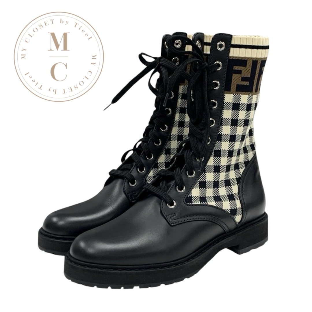 フェンディ FENDI ロココ ブーツ ショートブーツ 靴 シューズ レザー ファブリック ブラック アイボリー ブラウン ズッカ チェック レースアップ