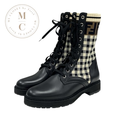 フェンディ FENDI ロココ ブーツ ショートブーツ 靴 シューズ レザー ファブリック ブラック アイボリー ブラウン ズッカ チェック レースアップ