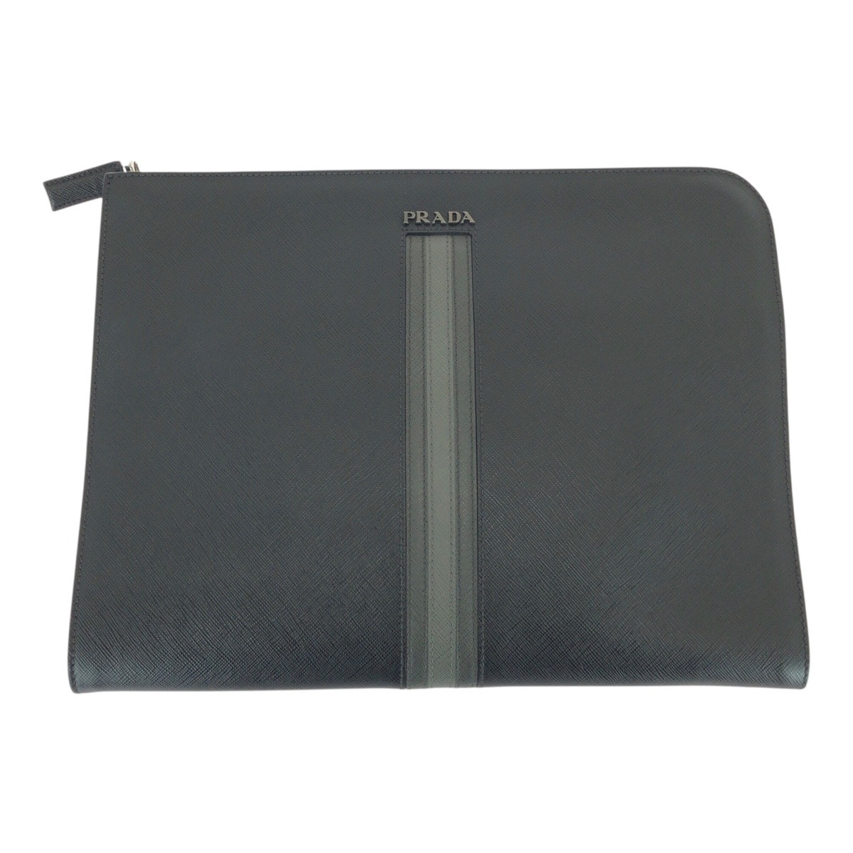 美品 PRADA プラダ サフィアーノ L字ファスナー ストライプ ブラック グレー シルバー金具 レザー クラッチバッグ セカンドバッグ 506561 【中古】