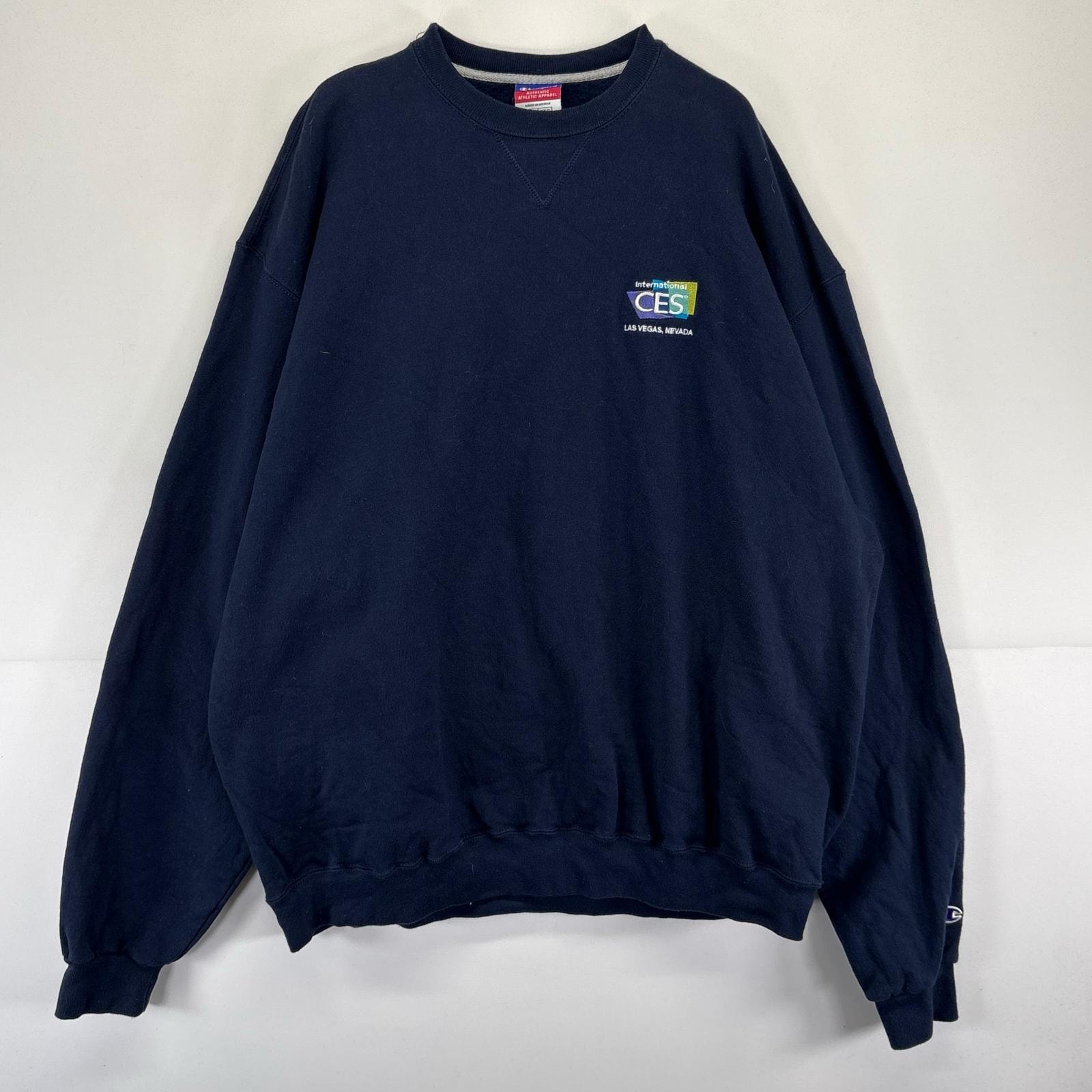 古着 チャンピオン Champion スウェット ロゴ刺繍 厚手 クルーネック トレーナー 大きいサイズ 2XL  ネイビー系 メンズ
