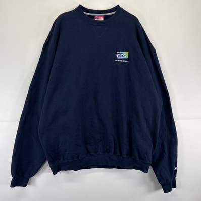 古着 チャンピオン Champion スウェット ロゴ刺繍 厚手 クルーネック トレーナー 大きいサイズ 2XL ネイビー系 メンズ