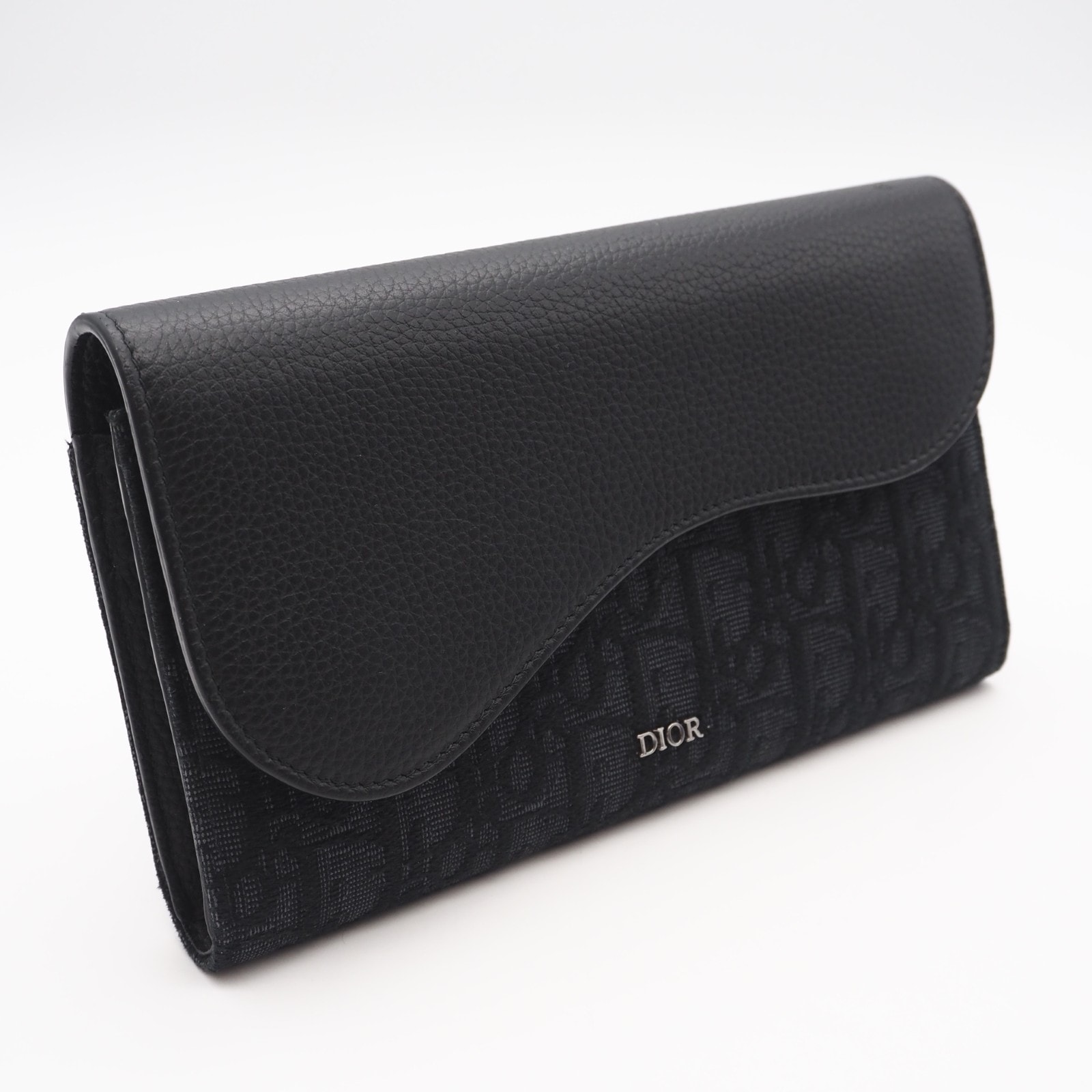 美品 Dior ディオール ディオール オブリーク ジャカード グレインドカーフスキン Saddle ロングウォレット 2ADBC321YKS 長財布 ブラック キャンバス カーフレザー メンズ