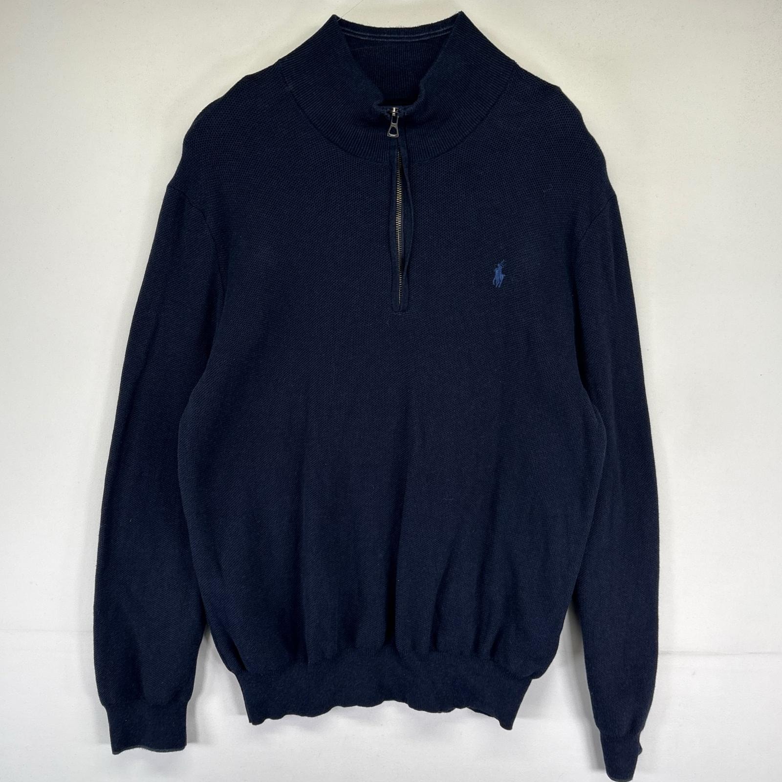 古着 ポロ・ラルフローレン POLO RALPH LAUREN ニット ハーフジップ プルオーバー ワンポイント刺繍ロゴ 2XL ネイビー系 メンズ