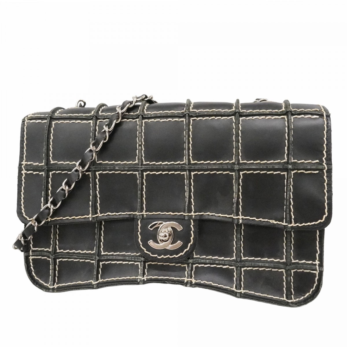 【6dd4633-k】シャネル ショルダーバッグ チョコバー チェーンショルダー ブラック シルバー金具【中古】レディース