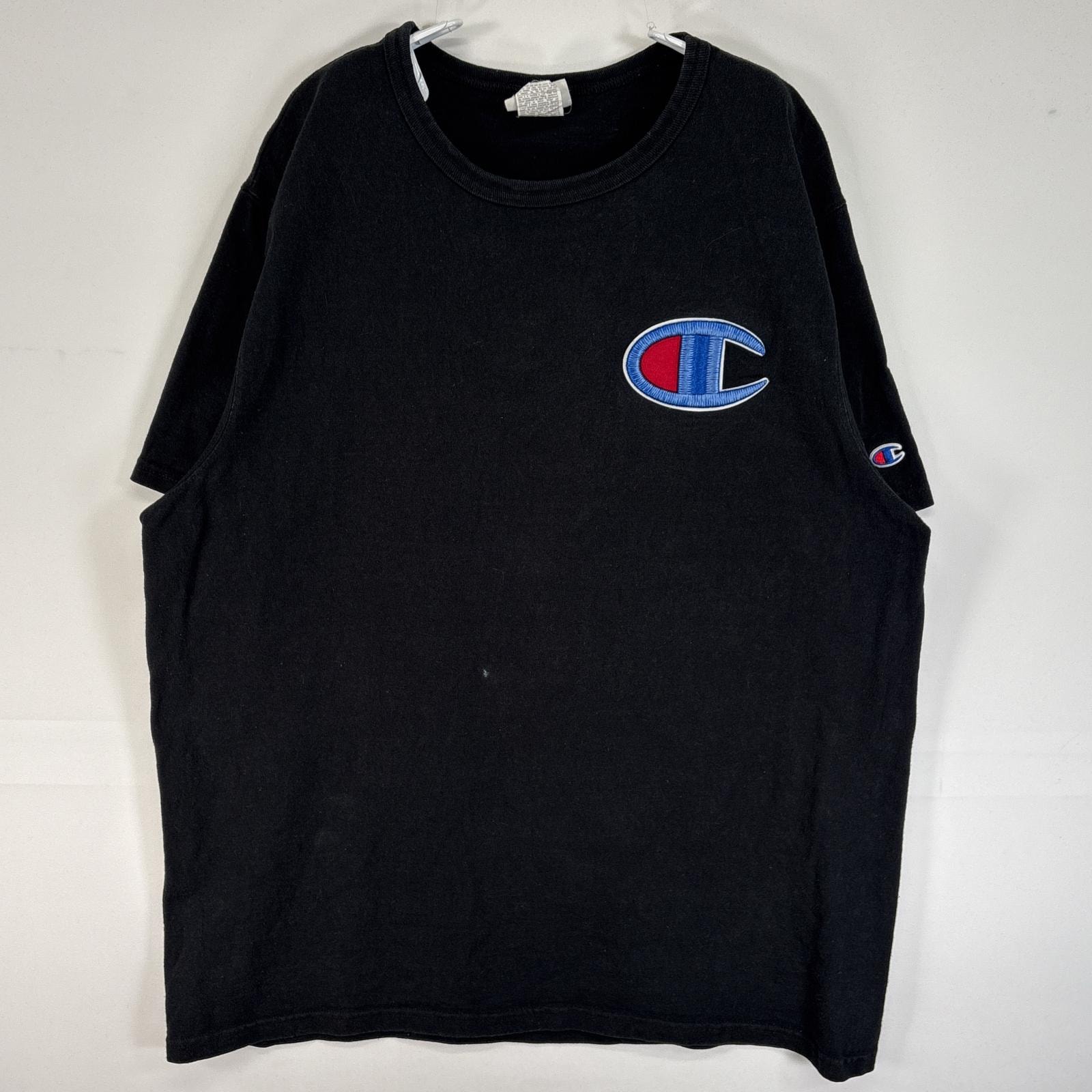 古着 チャンピオン Champion 半袖Tシャツ ロゴ スウェット クルーネック 大きいサイズ 肉厚 X-LARGE  ブラック 無地 メンズ