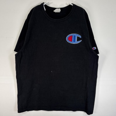古着 チャンピオン Champion 半袖Tシャツ ロゴ スウェット クルーネック 大きいサイズ 肉厚 X-LARGE ブラック 無地 メンズ