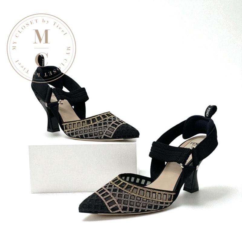 フェンディ FENDI コリブリ パンプス 靴 シューズ メッシュ ファブリック ブラック ゴールド シルバー 未使用 オーダー スリングバック ストラップ