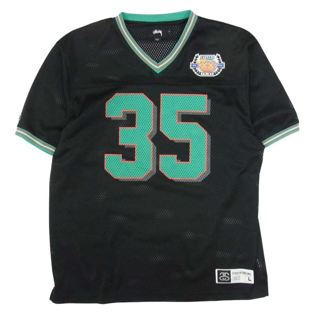 STUSSY ステューシー Tシャツ 35周年 ロゴワッペン Vネック メッシュ フットボールシャツ 半袖カットソー ブラック系 L【中古】