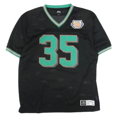 STUSSY ステューシー Tシャツ 35周年 ロゴワッペン Vネック メッシュ フットボールシャツ 半袖カットソー ブラック系 L【中古】