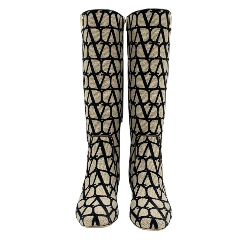 ヴァレンティノ VALENTINO ブーツ ロングブーツ 靴 シューズ ファブリック ベージュ ブラック ゴールド ロゴ