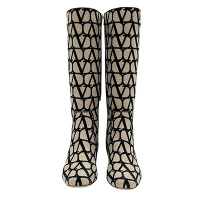 ヴァレンティノ VALENTINO ブーツ ロングブーツ 靴 シューズ ファブリック ベージュ ブラック ゴールド ロゴ