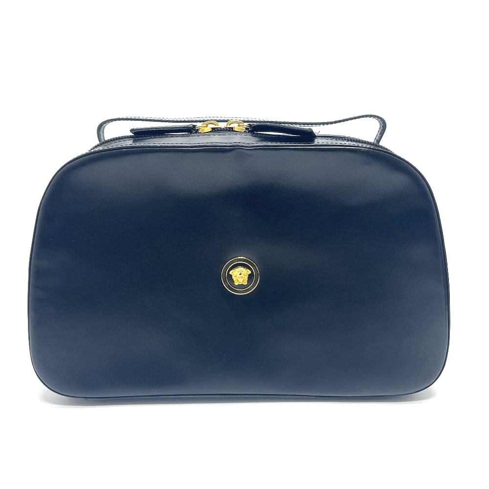ヴェルサーチ VERSACE ロゴ メデューサ カバン バニティバッグ ハンドバッグ レザー ブラック×ゴールド金具
