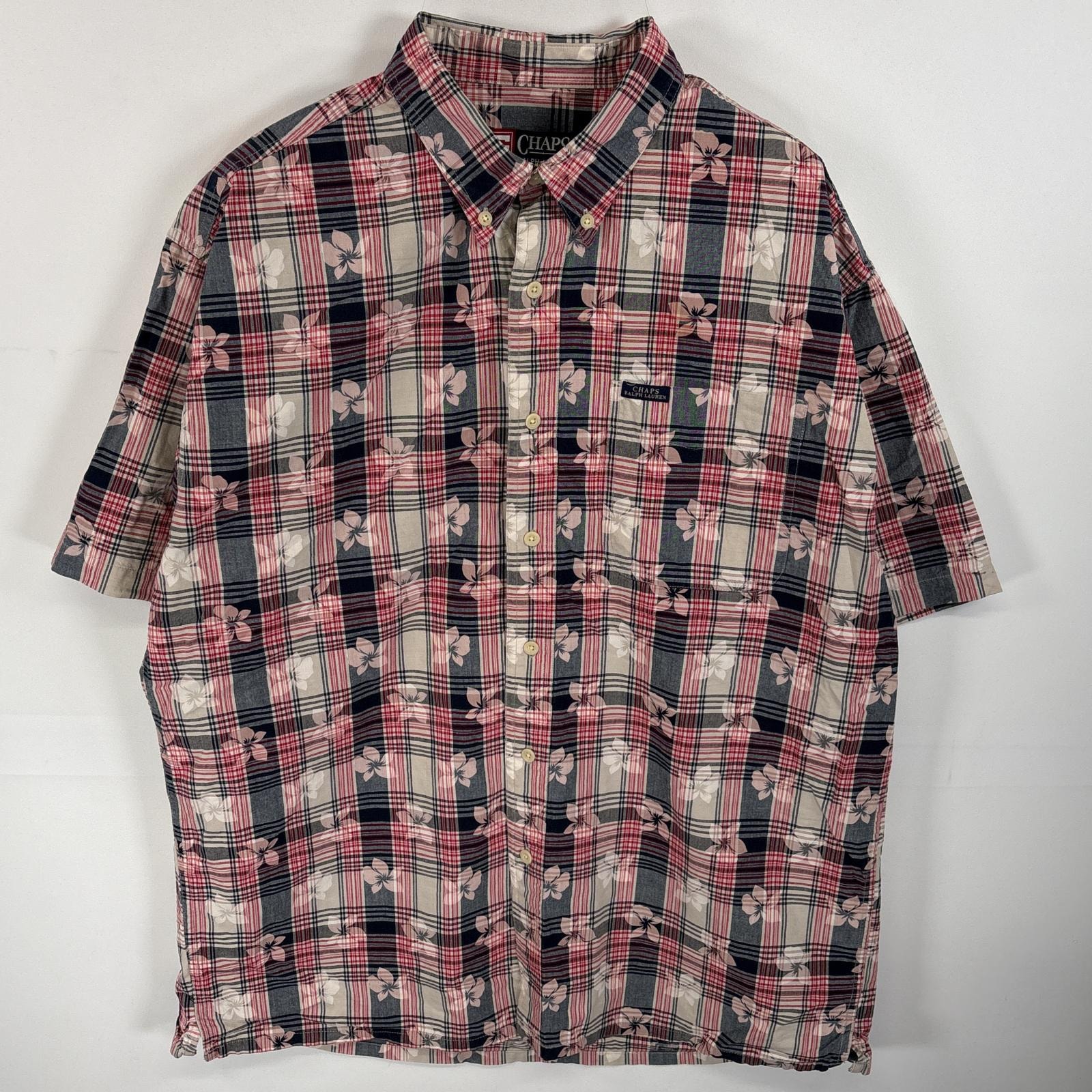 古着 チャップスラルフローレン CHAPS RALPHLAUREN 半袖シャツ ハイビスカス ボタンダウンシャツ ワンポイント ロゴ L  ピンク系 総柄 メンズ