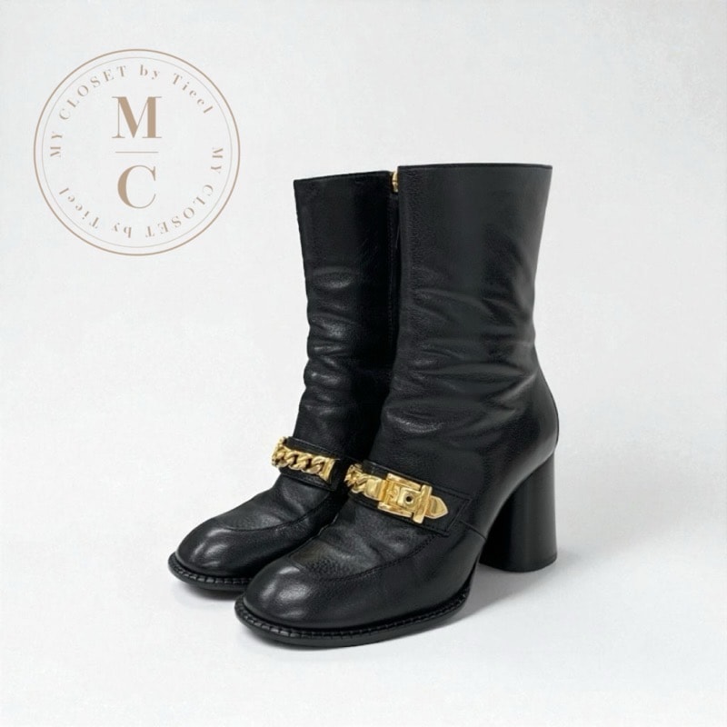 グッチ GUCCI ブーツ ショートブーツ 靴 シューズ レザー ブラック ゴールド チェーンベルト