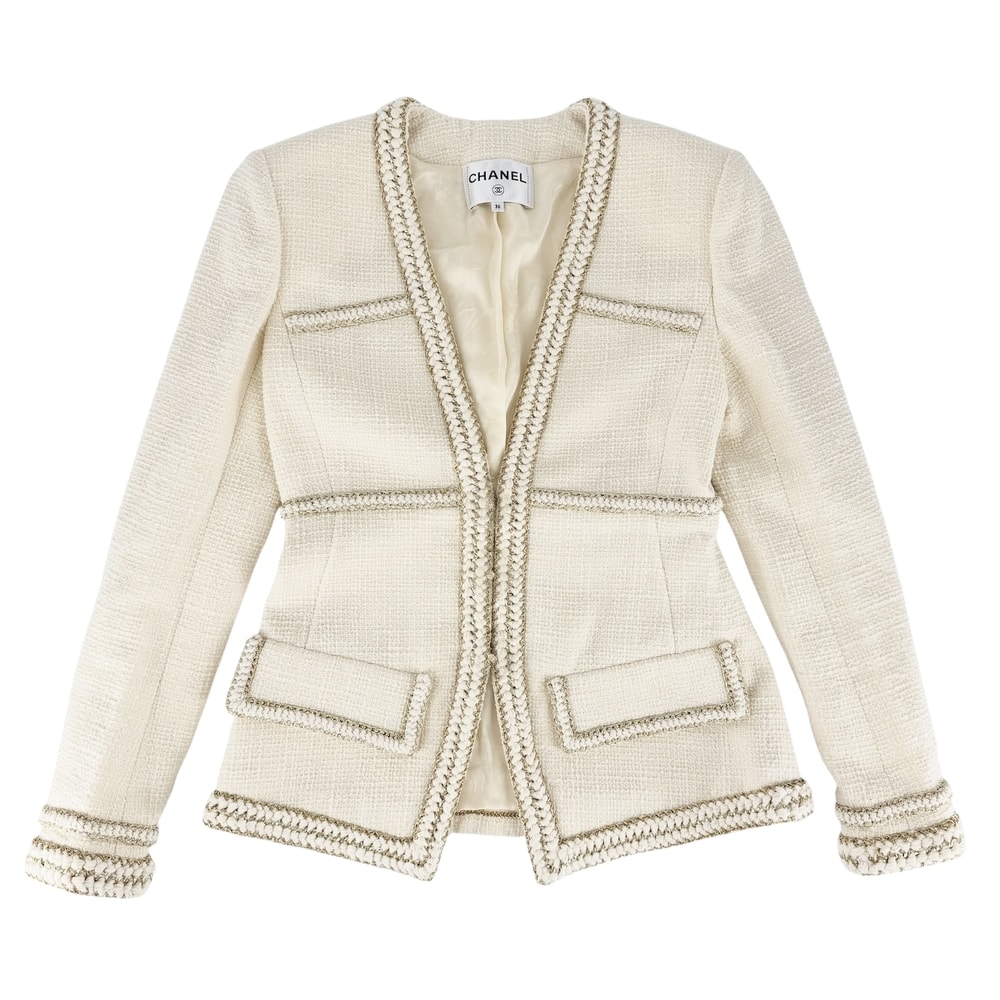 CHANEL シャネル ノーカラージャケット ココボタン 服 アパレル アウター 36 アイボリー ゴールド ゴールド金具 ウール レディース 春 秋【中古品】