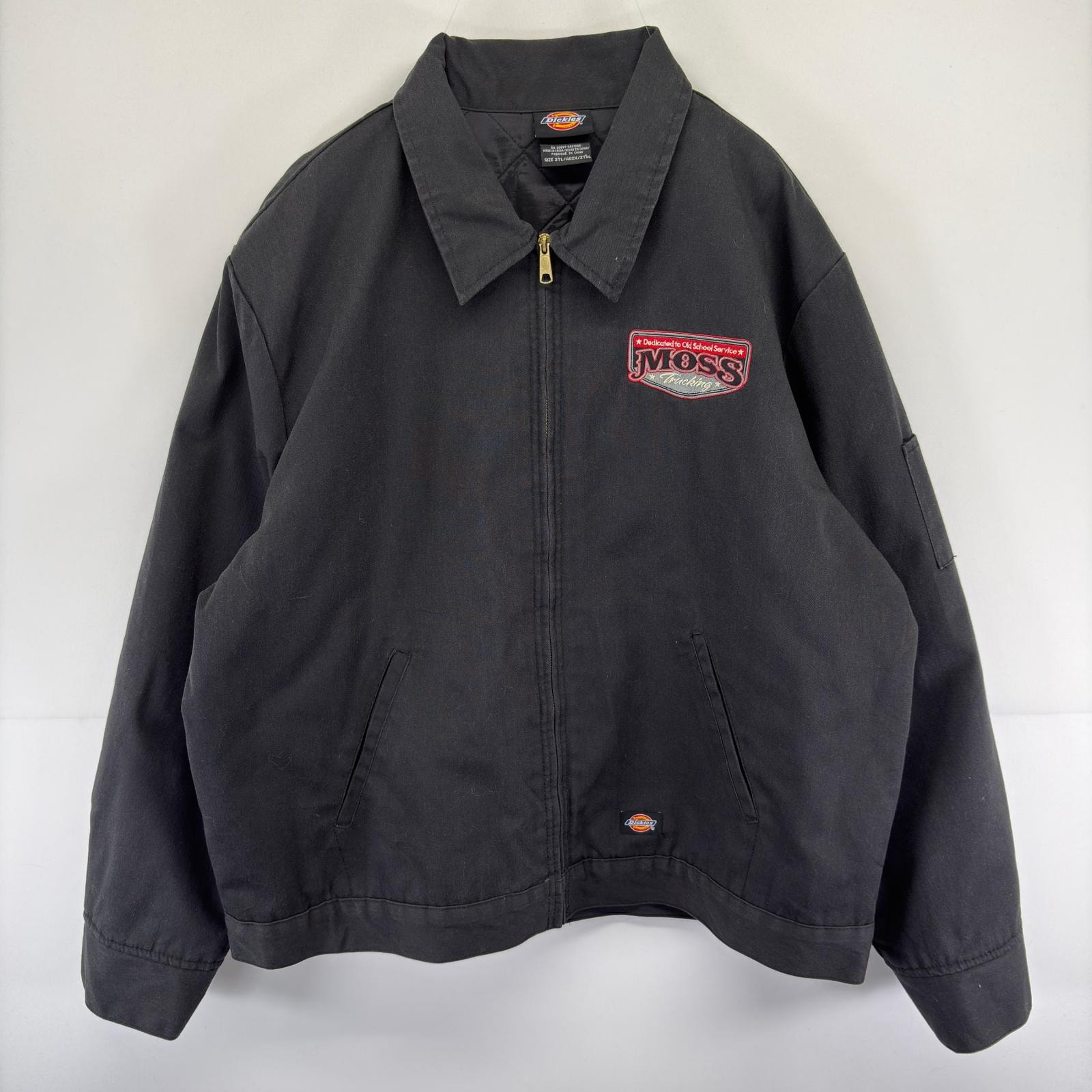 古着 ディッキーズ Dickies ジャケット 中綿 ワーク ロゴ フルジップ 刺繍 大きいサイズ 2XL TALL  ブラック系 メンズ