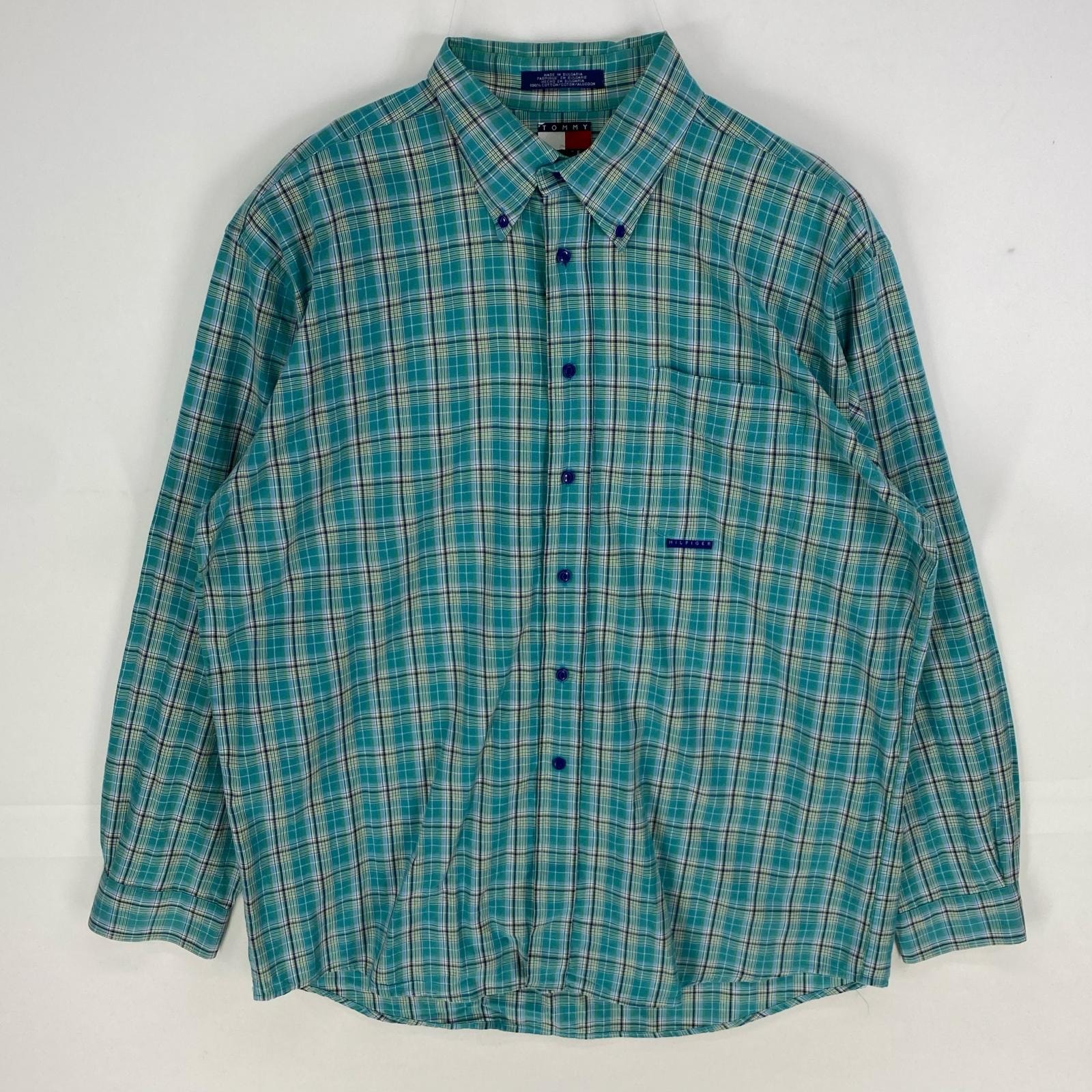 古着 トミーヒルフィガー TOMMY HILFIGER 長袖シャツ ボタンダウン 胸ポケット ロングスリーブ L  グリーン系 チェック メンズ