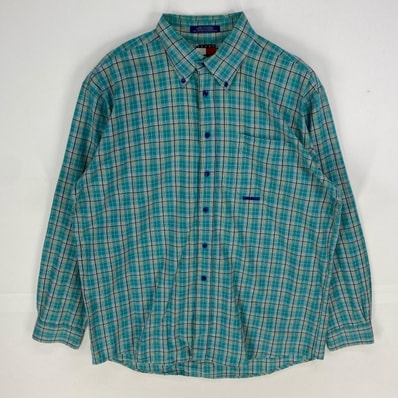 古着 トミーヒルフィガー TOMMY HILFIGER 長袖シャツ ボタンダウン 胸ポケット ロングスリーブ L グリーン系 チェック メンズ