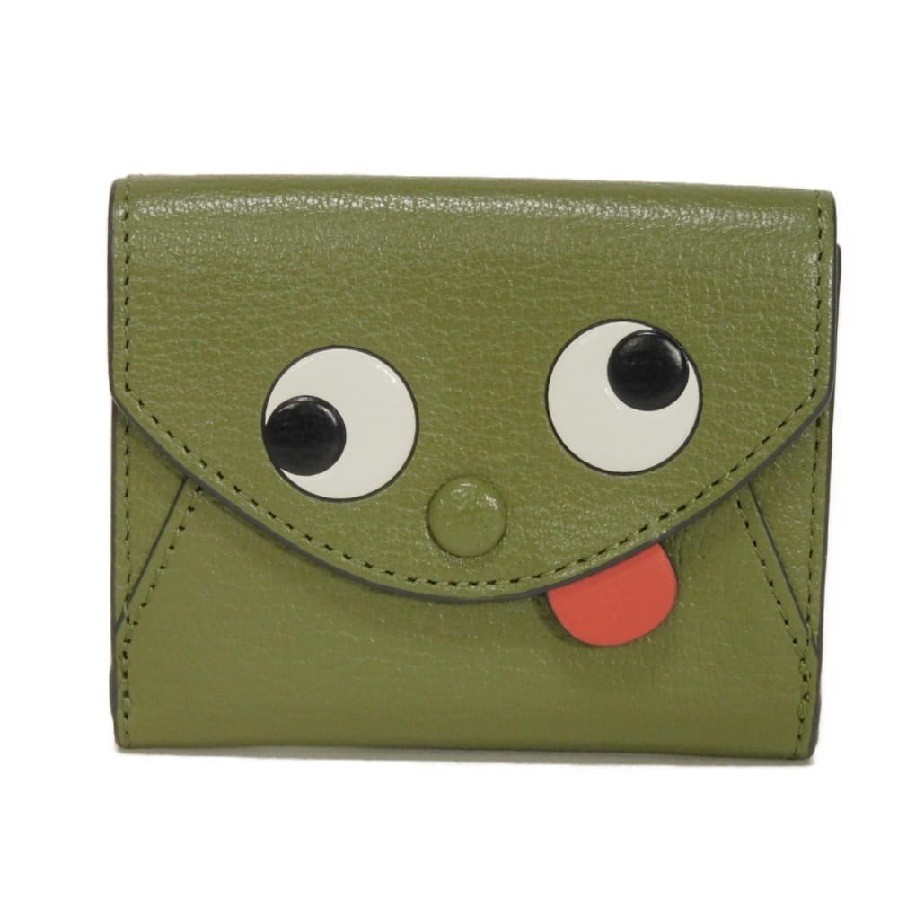 Anya Hindmarch アニヤ・ハインドマーチ ザニー ミニ トリフォールド ウォレット ゴート カーキ グリーン スナップボタン 札入れ カードケース リボン メタル ファーン 三つ折り財布