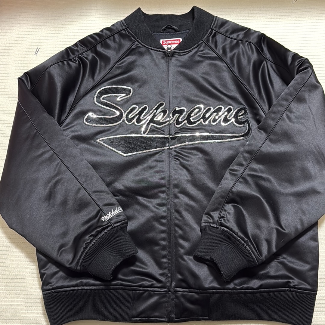 Supreme Mitchell & Ness Sequin Logo Varsity Jacket "Black"