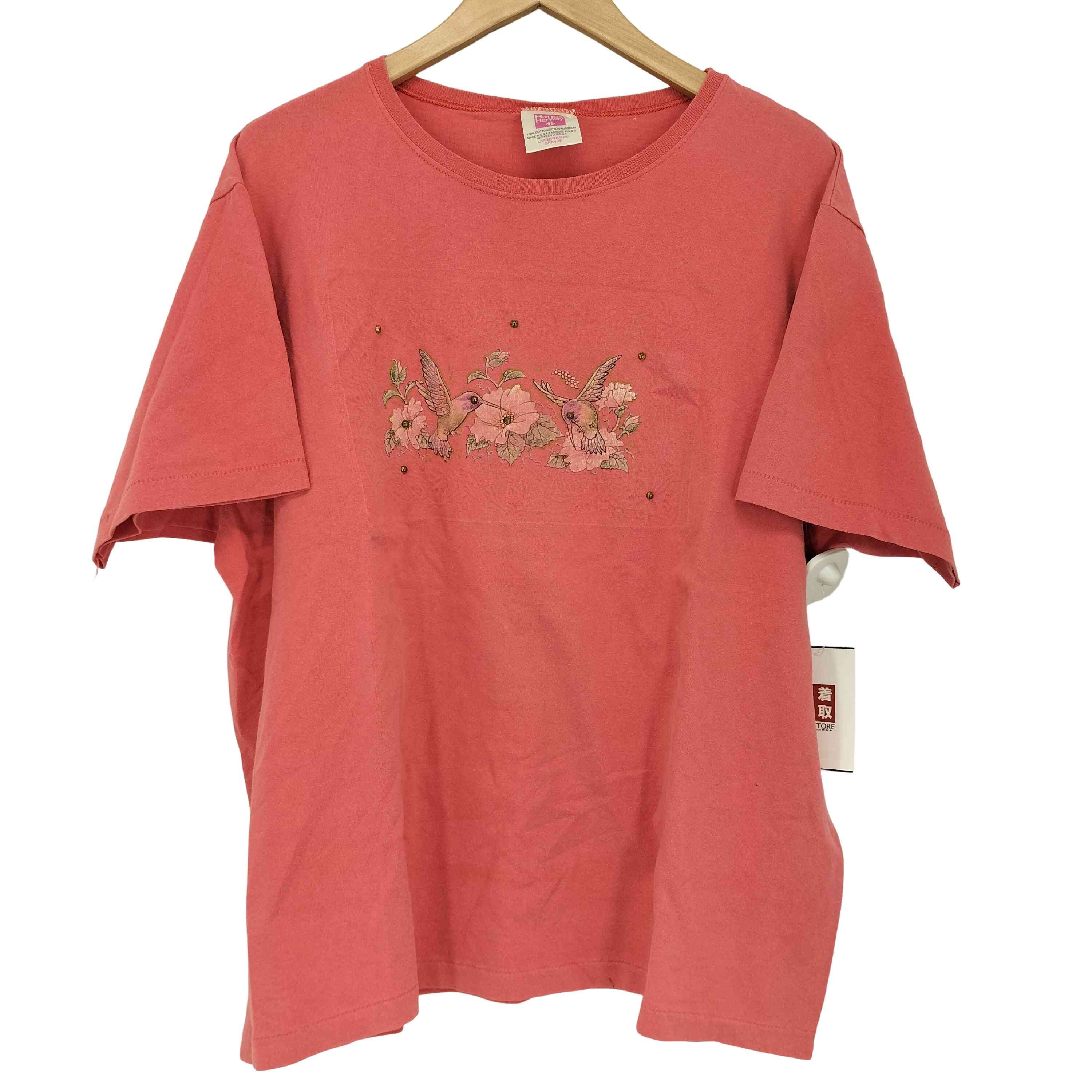 90s フラワー ハチドリ プリント クルーネック 半袖 Tシャツ【1141691120543】