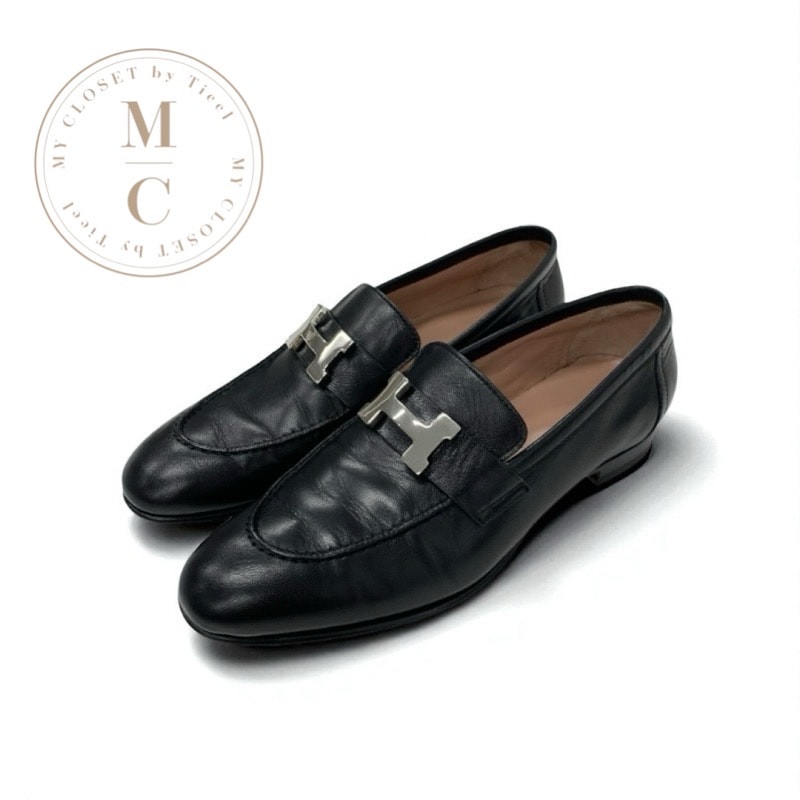 エルメス HERMES パリ ローファー 革靴 靴 シューズ レザー ブラック 黒 シルバー H金具 モカシン フラットシューズ