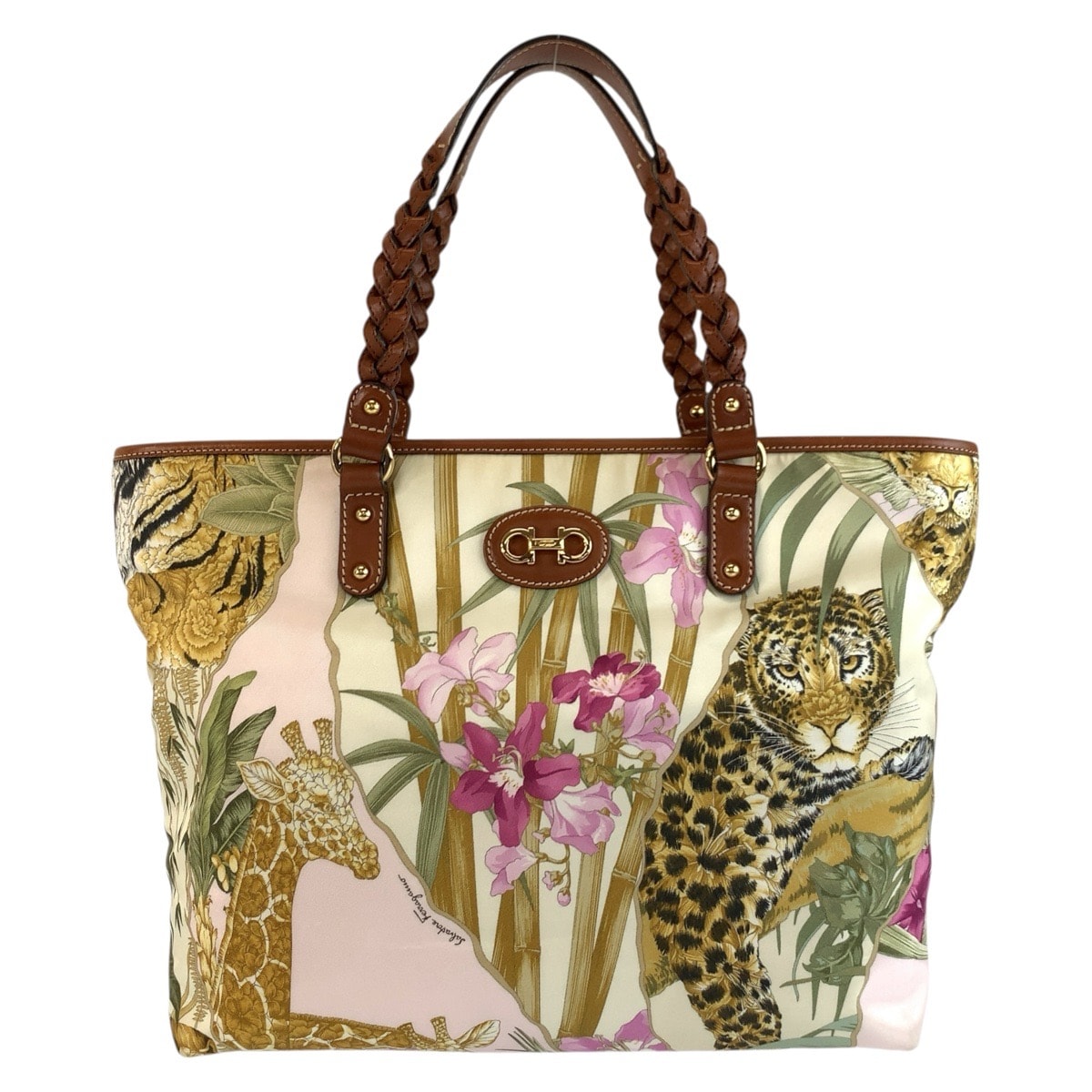 美品 Salvatore Ferragamo サルヴァトーレフェラガモ レオーパード 豹柄 アニマル柄 マルチカラー ブラウン ゴールド金具 ナイロン レザー/ トートバッグ ハンドバッグ 604316 【中古】