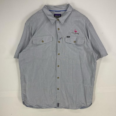 古着 パタゴニア patagonia 半袖シャツ フラミンゴ 刺繍ロゴ アウトドア ショートスリーブ 2XL グレー系 メンズ