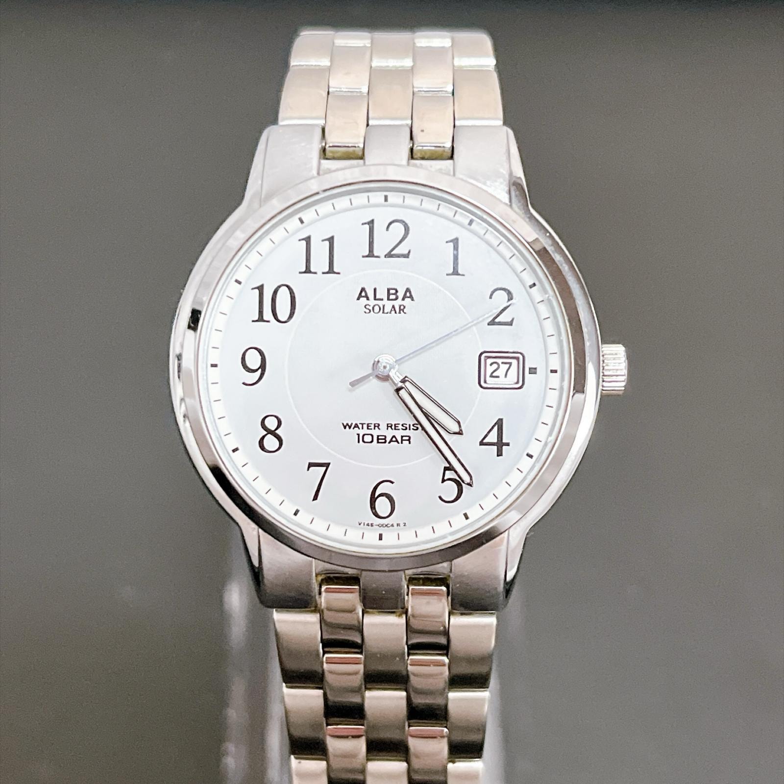 【SEIKO】セイコー アルバ ALBA ソーラー 腕時計 ラウンド アラビア数字 デイト 3針 メタルベルト ホワイト シルバー メンズ アナログ時計