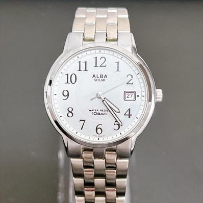 【SEIKO】セイコー アルバ ALBA ソーラー 腕時計 ラウンド アラビア数字 デイト 3針 メタルベルト ホワイト シルバー メンズ アナログ時計