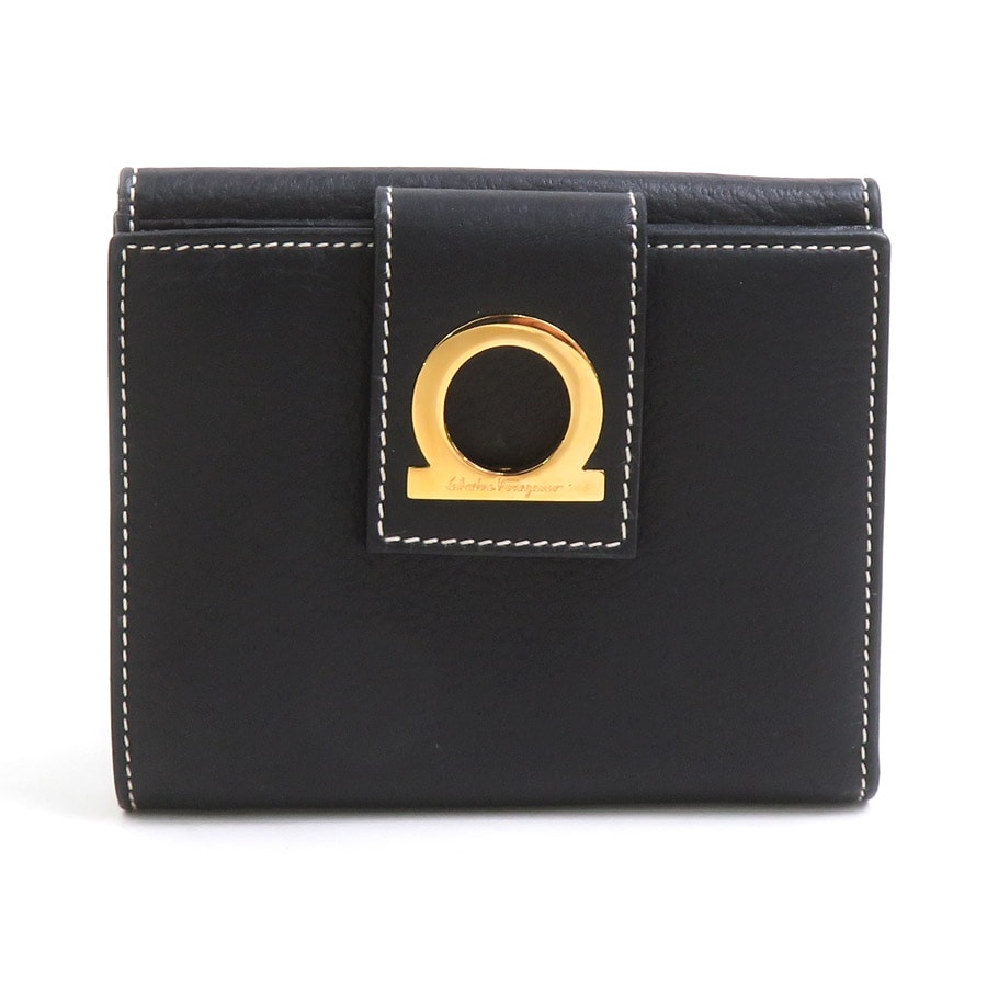 サルヴァトーレフェラガモ Salvatore Ferragamo 二つ折り財布 ガンチーニ レザー ブラック ゴールド レディース【中古】 e62244