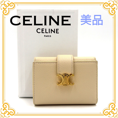 ■美品■ CELINE セリーヌ レザー トリオンフ ファインストラップウォレット 三つ折り財布 ベージュ ゴールド金具 レディース