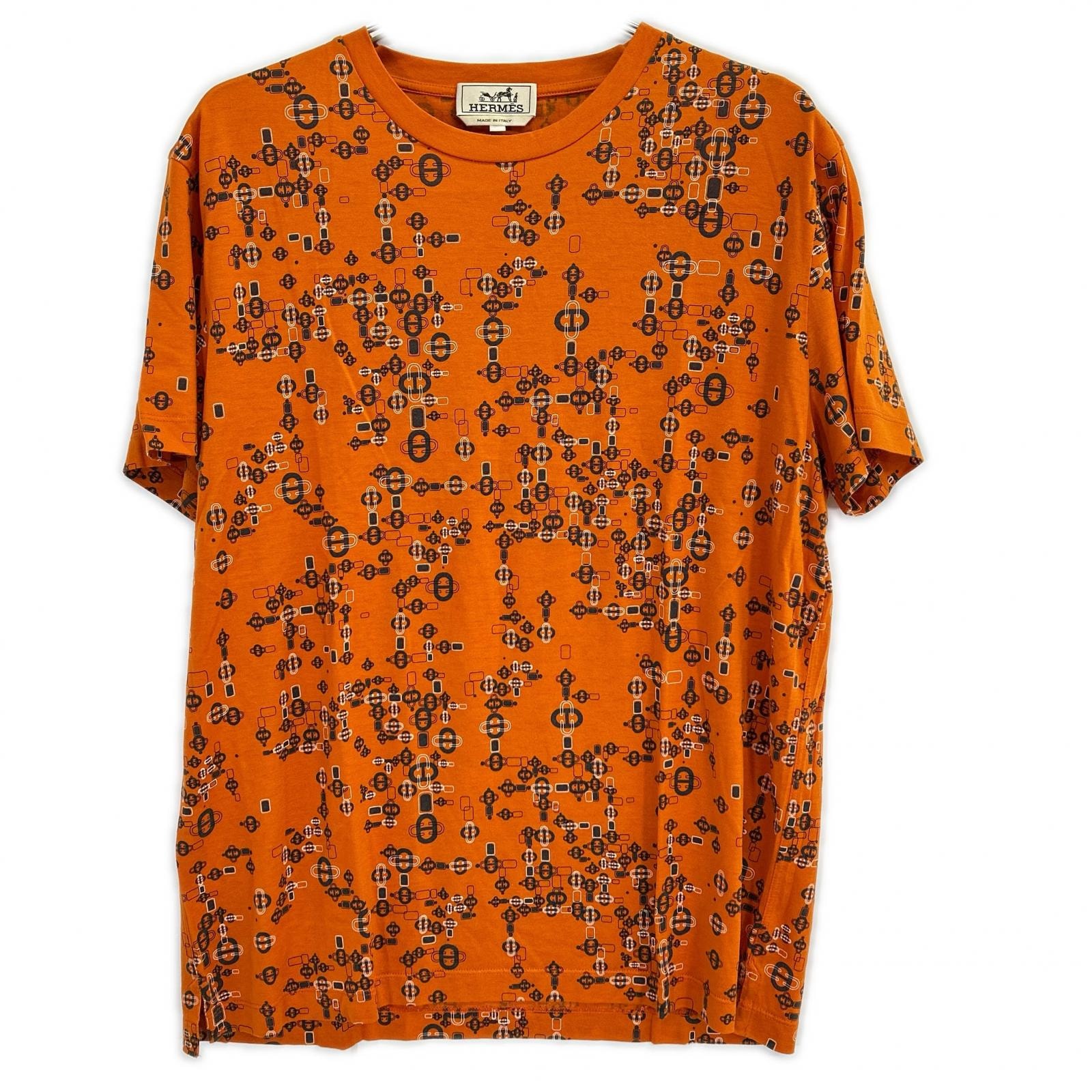 エルメス オレンジ シェーヌダンクル柄 コットン Tシャツ XL