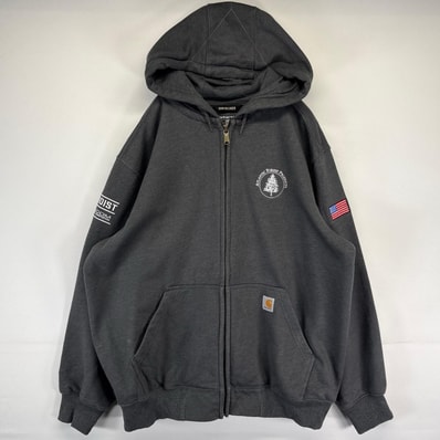 古着 カーハート Carhartt パーカー フルジップ ロゴ刺繍 ワンポイント 大きいサイズ フーディ XL ダークグレー系 メンズ